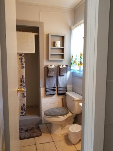 uma casa de banho com um WC, uma janela e toalhas em Canton Motel em Canton