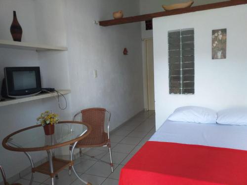 um quarto com uma cama, uma mesa e uma televisão em Flat Matriz em Viçosa do Ceará