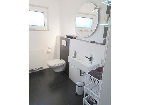 a bathroom with a toilet and a sink and a mirror at Ferienhaus Minnet, 15169 in Leer