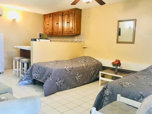 ein Wohnzimmer mit 2 Betten und eine Küche in der Unterkunft Ocean View Montego Bay Apartment in Montego Bay