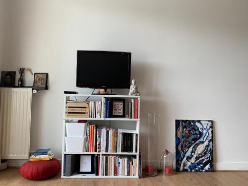 ein weißes Bücherregal mit einem TV und Büchern in der Unterkunft Jolie chambre privée à Paris dans appart de 75m2 in Paris