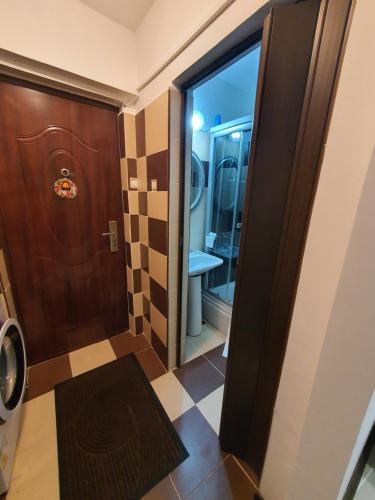 a bathroom with a wooden door and a toilet at My Little Room in Constanţa