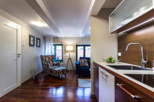 kuchnia ze zlewem i salonem w obiekcie Apartamenty na Starówce / Old Town apartments w Toruniu