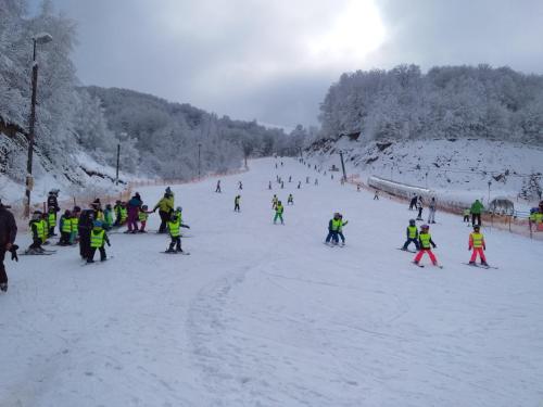 a group of people skiing down a snow covered slope at KOPAONIK-GONDOLA 100m in Brzeće
