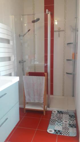 a bathroom with a shower and a red tile floor at appartement vue mer in Audierne