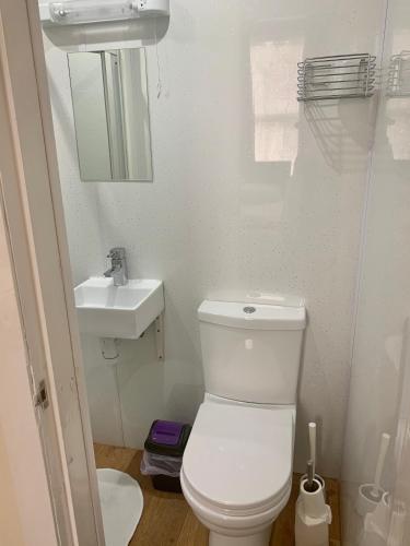 a bathroom with a white toilet and a sink at The Island & Fairfield in Douglas