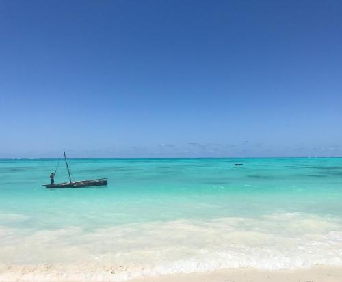 a boat sitting in the water on a beach at Stay House in Jambiani