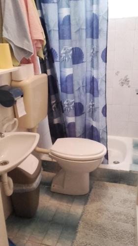 een badkamer met een toilet en een douchegordijn bij Apartment Gabric in Rab