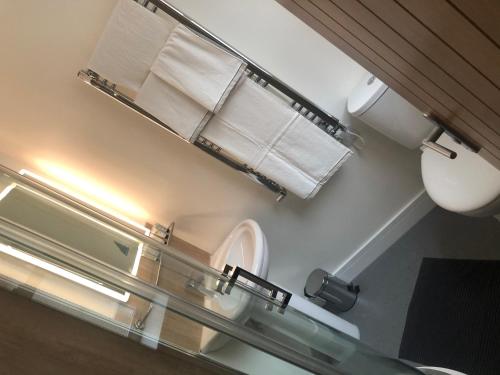 łazienka z toaletą i ręcznikami na ścianie w obiekcie Bay horse hotel w mieście Selby