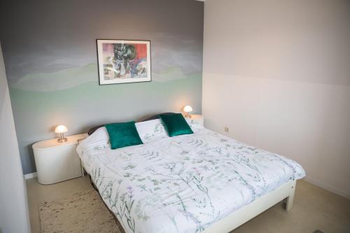 1 dormitorio con 1 cama con 2 almohadas verdes en Apartment Hillebachsee, en Winterberg
