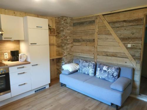 een woonkamer met een blauwe bank in een keuken bij Haus Gartner 4-5 pers appartement in Sulzau