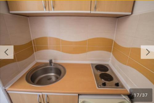 a small kitchen with a sink and a stove at Villa Elkom, App 6 in Ulcinj