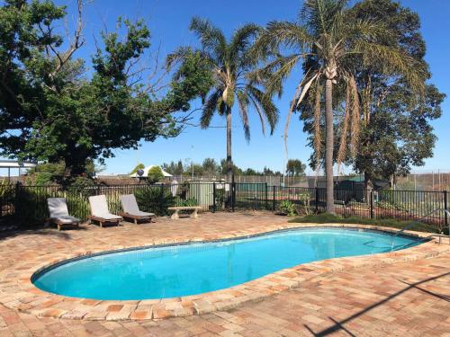 a swimming pool with two chairs and palm trees at Hunter Oasis in Morpeth