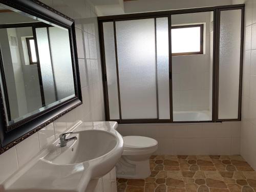 a bathroom with a sink and a toilet and a mirror at Teanehi Bed & Breakfast in Hanga Roa