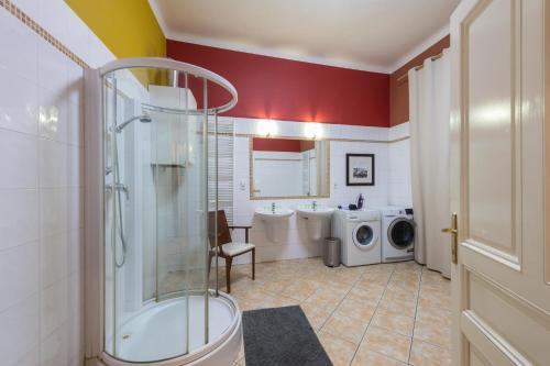 a bathroom with a shower and a washing machine at Liliova Apartments in Prague