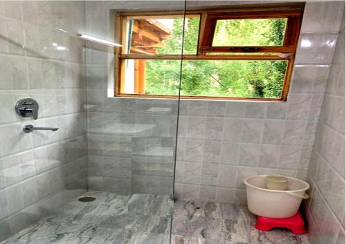 a bathroom with a shower with a toilet and a window at Namra Hotel and Camps - Temisgam in Khalatse