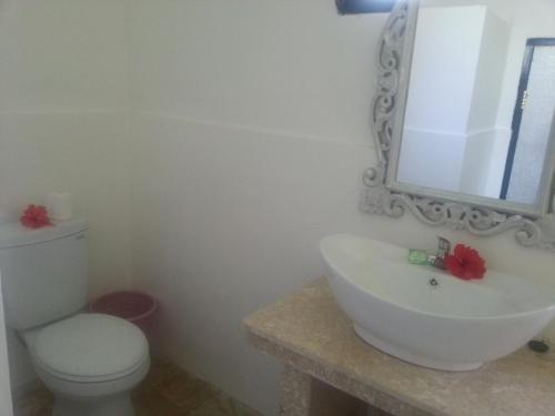 a bathroom with a toilet and a sink and a mirror at Puri Oka Beach Bungalows in Candidasa