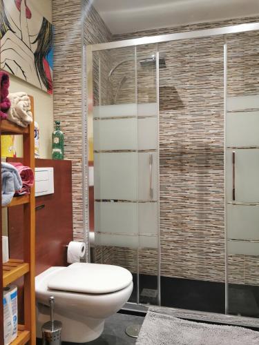 a bathroom with a toilet and a glass shower at APARTAMENTo MADRID CENTRO GRAN VIA - CALLAO in Madrid
