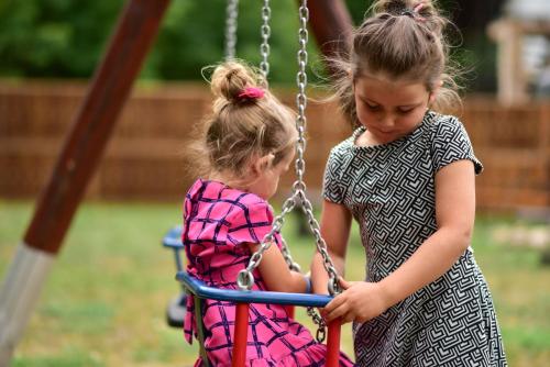 two little girls playing on a swing at Pensjonat Leśniczówka in Słubice