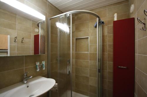 uma casa de banho com um chuveiro e um lavatório. em Residence Tsaumiau em Crans-Montana