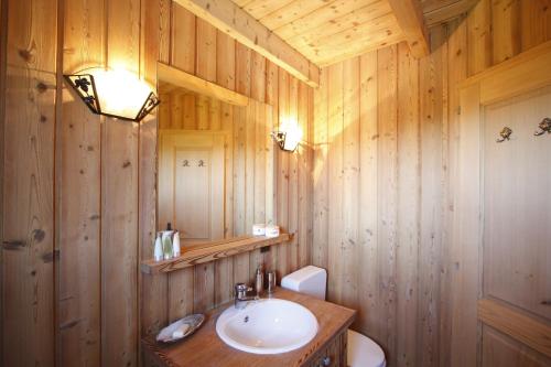 a bathroom with a sink and a wooden wall at Apartment Mélodie de Rêve in Crans-Montana