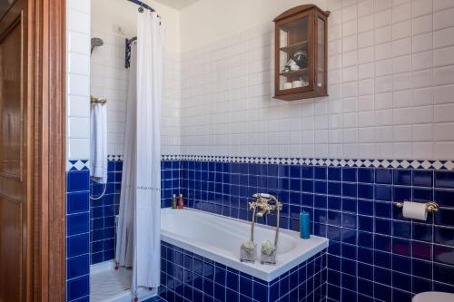 La salle de bains est pourvue de carrelage bleu, d'une baignoire et d'une douche. dans l'établissement Portinari Apartment, à Florence