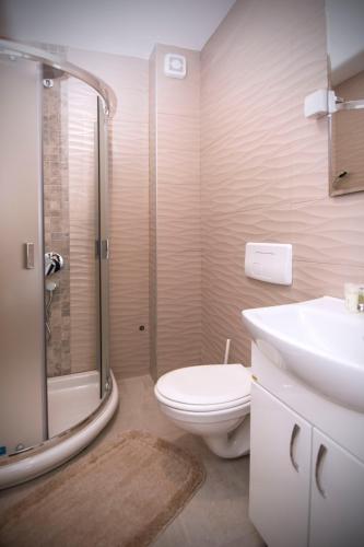 a bathroom with a toilet and a shower and a sink at Beo Green View in Belgrade