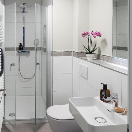 a bathroom with a toilet and a sink and a shower at Villa Oestereich in Binz