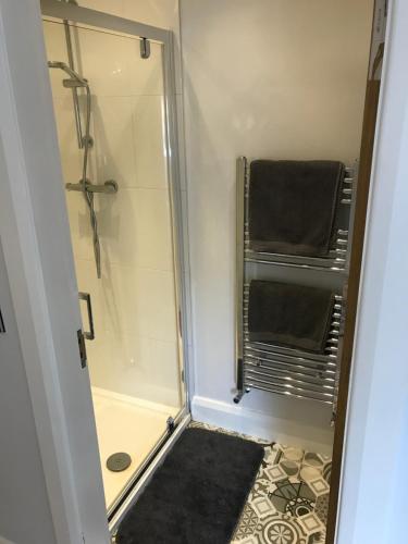uma casa de banho com um chuveiro e uma cabina de duche em vidro. em Lakeside Studio 1 Loft Apartment em Enniskillen