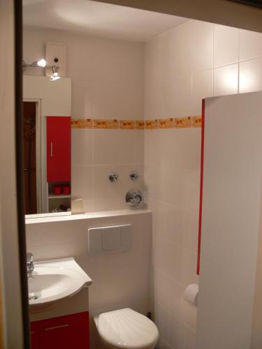 a bathroom with a white toilet and a sink at Ferienwohnung Am Goldbach Pool Sauna in Obermaiselstein