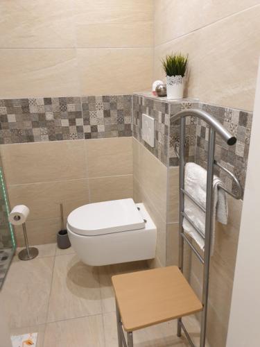 La salle de bains est pourvue de toilettes et d'une étagère avec des serviettes. dans l'établissement Kleine gemütliche Unterkunft in der Nähe von Köln und Aachen, à Düren