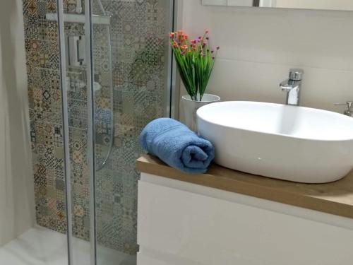 a bathroom with a white sink and a shower at El Cedro Llorón in Ávila