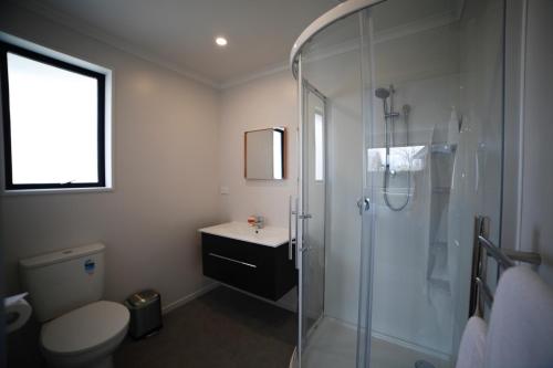 a bathroom with a shower and a toilet and a sink at Mackenzie Magic in Twizel