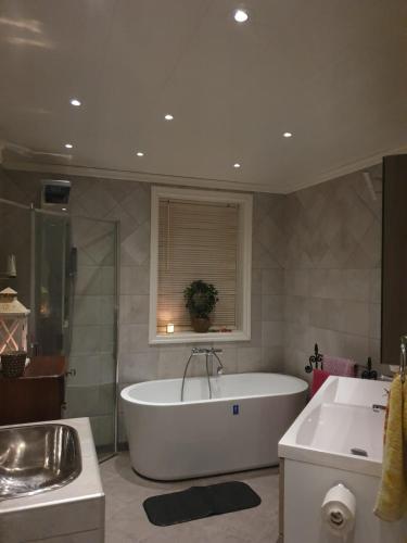 a bathroom with a bath tub and a sink at Valhalla bengtfors Private house in Bengtsfors