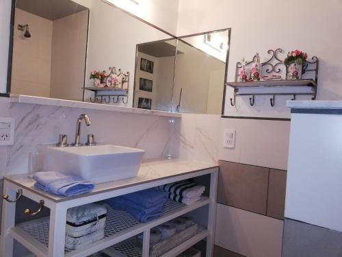 een badkamer met een wastafel en een spiegel bij Alojamiento familiar in Coronel Suárez