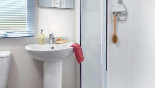 a bathroom with a white sink and a shower at Waters Edge in Cirencester