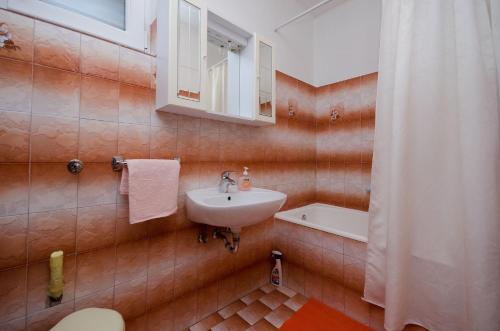a bathroom with a sink and a shower curtain at Apartment Ruza in Lopar