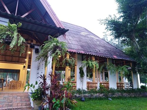 a house with a gambrel roof with plants in the yard at LayTrang Pakmeng Marina Spa and Resort in Trang