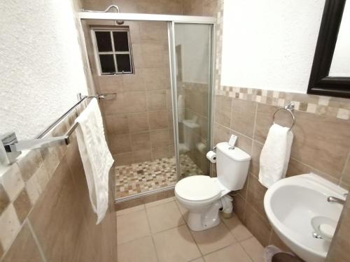a bathroom with a shower and a toilet and a sink at Fourways BnB in Johannesburg