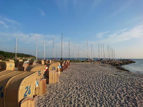 a row of chairs on a beach near the water at Coastal Comfort on Poel Island in Insel Poel