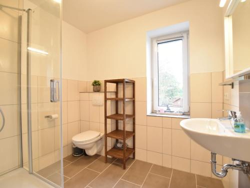 uma casa de banho com um WC, um lavatório e um chuveiro em Scenic Apartment in Insel Poel with Terrace em Insel Poel