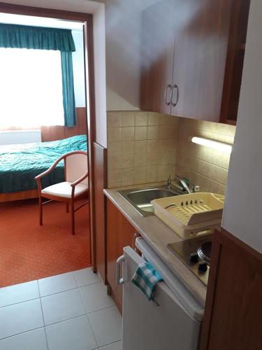 a kitchen with a sink and a bed in a room at Fenyő Panzió in Mezőkövesd