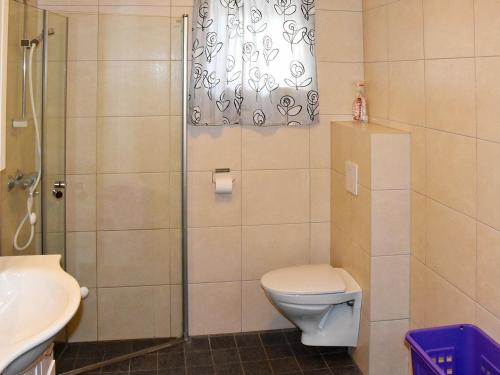 La salle de bains est pourvue d'une douche, de toilettes et d'un lavabo. dans l'établissement Three-Bedroom Holiday home in Blaksæter, à Sølberg