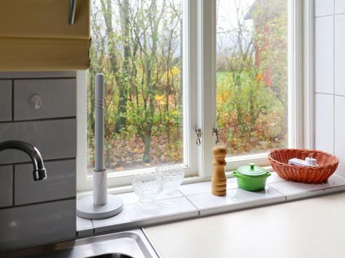 um balcão de cozinha com um lavatório e uma janela em Apartment LAHOLM em Laholm