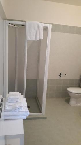 a bathroom with a shower with a toilet and towels at Agriturismo Cascina Binelli in Dogliani