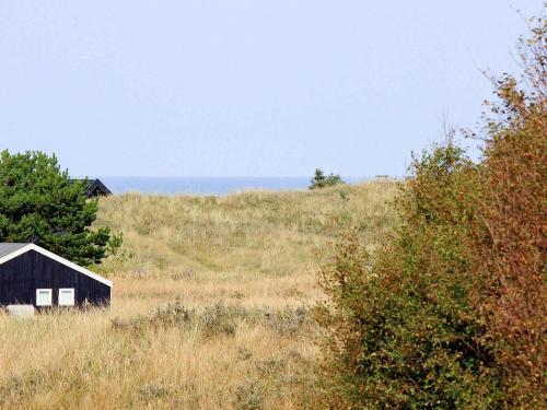a barn in a field with the ocean in the background at 6 person holiday home in Hirtshals in Hirtshals