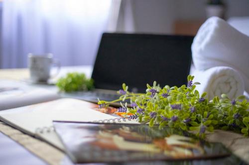 a glass plate with flowers on a table with a laptop at HotSpot @ City Centre by SSVC in Kota Kinabalu