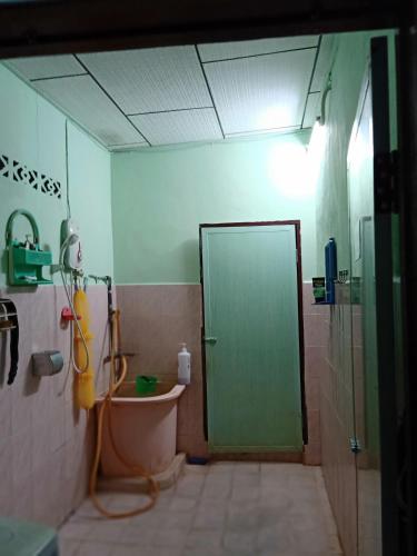 a bathroom with a shower and a green door at Homestay Damai Sri Kota in Kepala Batas