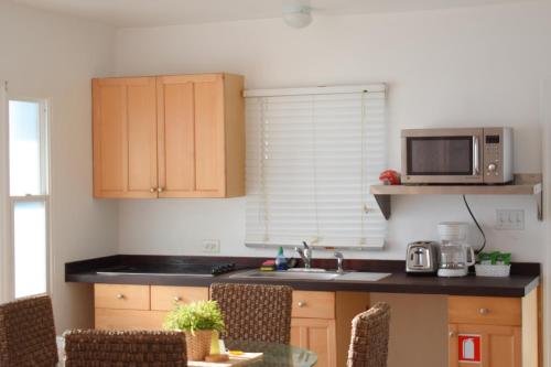 a kitchen with a sink and a microwave at The Sands Hotel in Cockburn Town
