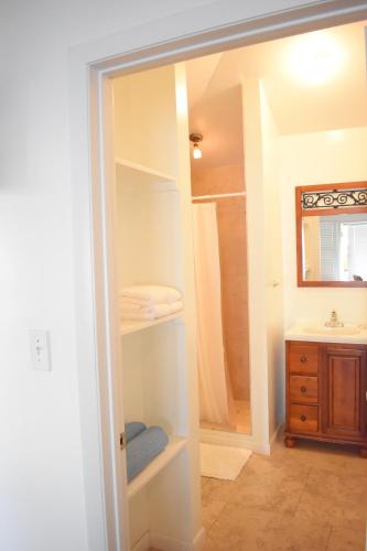 a bathroom with a closet with a sink and a mirror at The Sands Hotel in Cockburn Town